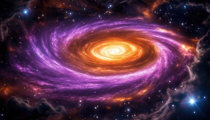 Wall Mural - Swirling Galaxy Nebula Space Dust in Purple Orange, Stars and Clouds Abstract Art