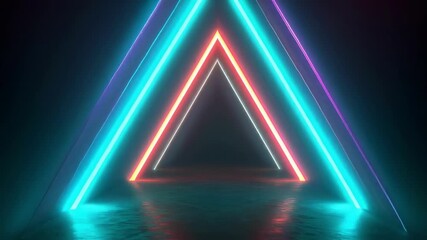 Neon triangle shape glowing on dark background with reflection. Abstract geometric light animation for nightclub, party, or tech concept. Looping video with vibrant colors.