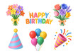 © Marharyta Tsapenko - Birthday balloons confetti party hat flowers in 3D illustration on black. Bright birthday lettering. Playful render for celebration.