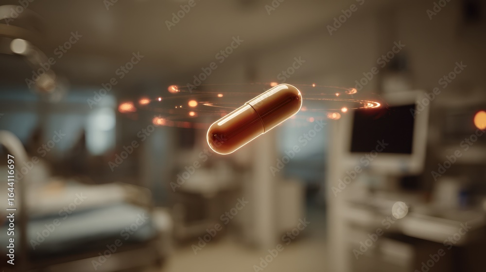 Microchip Pill Stock-Illustration „Microchip pill in sharp focus midair emitting ...