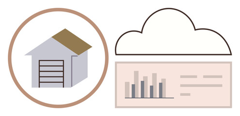 Warehouse structure beside cloud outline and data chart. Ideal for logistics, technology, cloud computing, data management, analytics, smart storage, inventory tracking. Clean flat metaphor