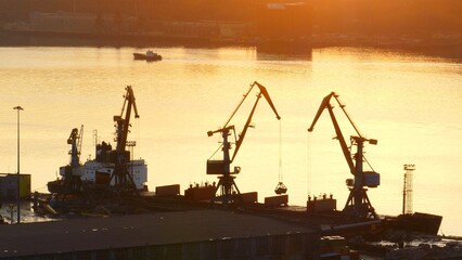  Cranes and port facilities on a sunny autumn evening.