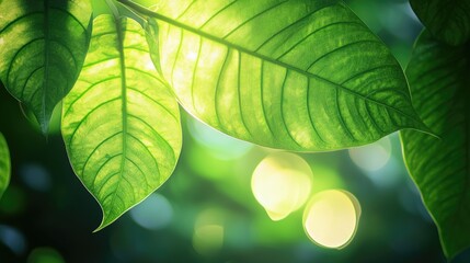 Wall Mural - Lush Green Leaves and Sun: Close-up shot of vibrant green leaves, kissed by sunlight, a symbol of renewal and the beauty of nature.
