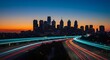 © Thestudio - Smart city digital transformation development concept. Band lights over modern urban cityscape at night