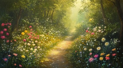 Wall Mural - A forest path covered in tiny wildflowers, enchanted and dreamy 