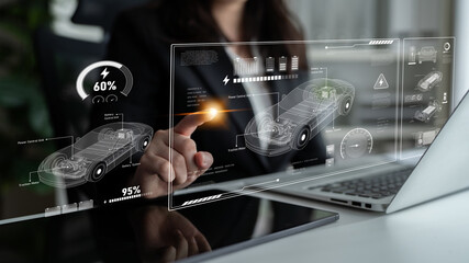 technical layout of electric vehicle showing battery system, power control, traction motor, charging