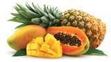 Tropical fruits like mango, papaya and pineapple on white background 