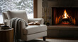 © miftakhul - Cozy armchair with open book warm fireplace and snowy winter scene