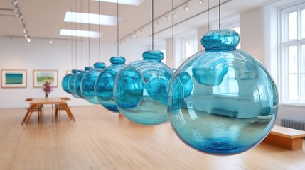 Series of teal glass orbs hanging from the ceiling.