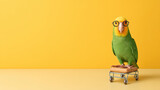 A colorful parrot wearing glasses stands atop a small cart against a bright yellow background.