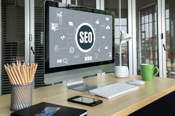 Wall Mural - seo search engine optimization for modish e-commerce and online retail business showing on computer 
