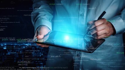A programmer interacts with a tablet, writing code while surrounded by abstract digital elements and technology-focused graphics, representing software development. Xenic