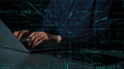 A modern programmer actively engages with a laptop surrounded by floating code elements, showcasing the dynamic and creative aspects of software development. Xenic