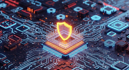 glowing shield icon on a central processing unit with blue and orange circuit board lines design