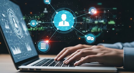 person using laptop with glowing digital network and human connection icons