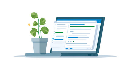Modern Minimalist Workspace Setup: A Gray Laptop with a Green Potted Plant on a White Desk, Representing Productivity and Growth in a Clean and