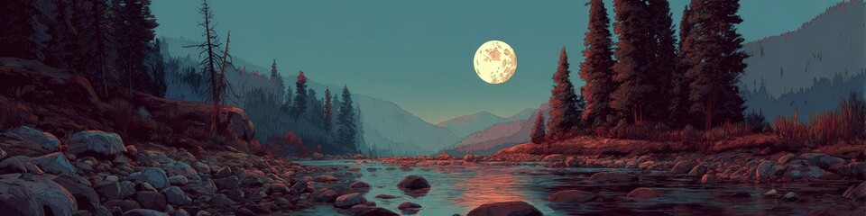 Wall Mural - Moonlit River: Tranquil Forest Scene with Stones on the Shore Under a Starry Sky