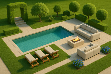 modern backyard landscape plan with pool, patio, and garden elements – top-down architectural illust