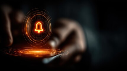 Person using mobile phone with notification bell icon and digital rings, receiving notifications