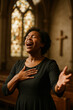 © ana - African American woman singing passionately in church sanctuaryFemale gospel singer leading worship serviceWoman worship leader praising God with hand extendedDevoted Christian woman singing bef