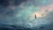 © Auraclicks - Mystical lighthouse floating the sky guiding ships through a glowing aurora filled mist painterly dreamlike composition