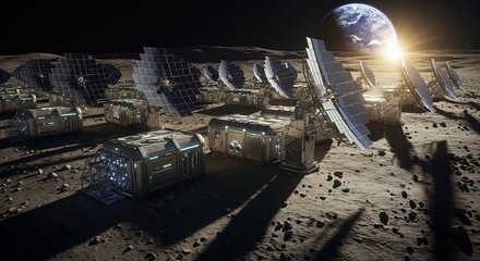 futuristic lunar power plant harnessing sunlight with earth on the horizon