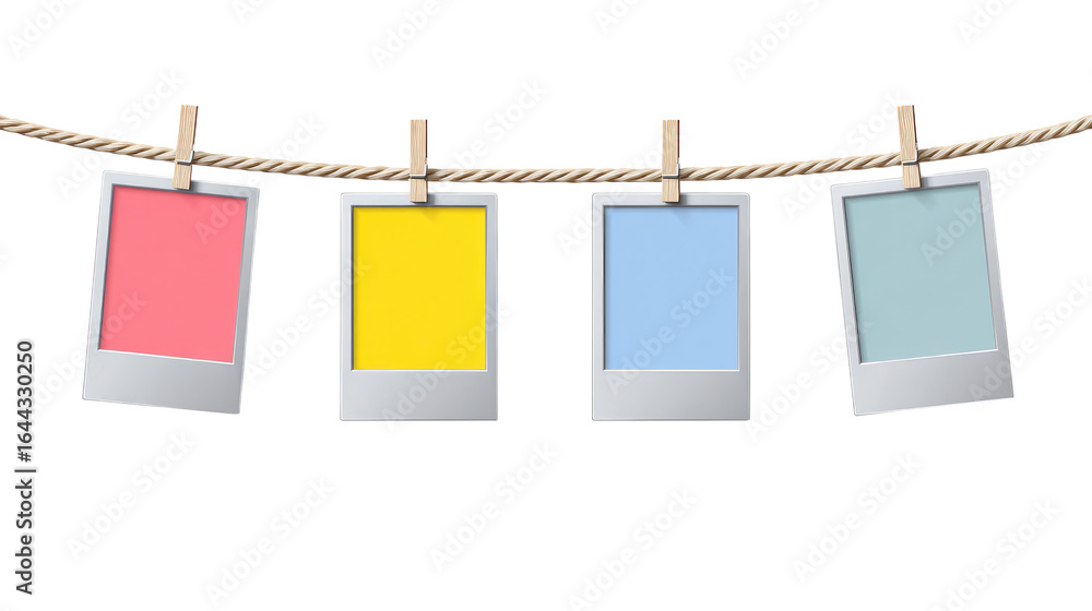 Four Instant Photo Frames Hanging on Rope isolated on transparent ...