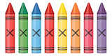Eight colorful crayons red green blue yellow orange pink purple with black cross marks isolated on white background