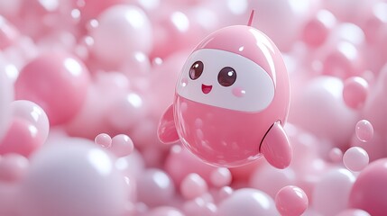 Pink robot floats amid pastel bubbles.  Cute, kawaii