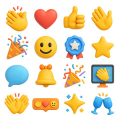 3d emoji icon set featuring smile, heart, thumbs up, confetti, badge, star, and bell symbols