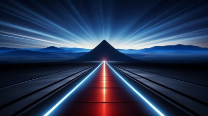 Wall Mural - mountain range is in the background with a road in the foreground. the road is lit up with neon ligh