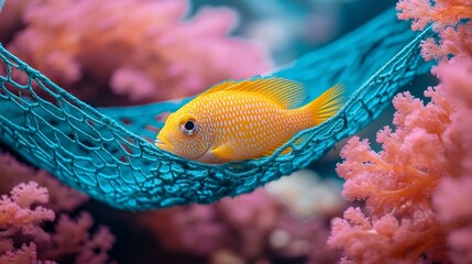 Small orange fish in a teal fishing net hammock amongst coral