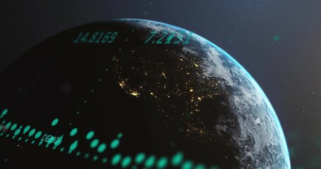 Wall Mural - sun peeking sparking earth rotating, revealing city lights while teal data arcs undulating