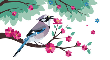 enchanting illustration of a blue jay perched on a blooming branch in springtime