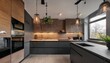© Sylvia - sleek modern kitchen with dark cabinetry wooden accents and pendant lights creating a cozy atmosphere