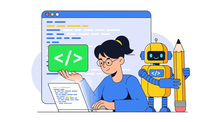 Illustration depicting a woman coding with a robot assistant, highlighting modern software development and teamwork within the tech industry