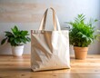 © Mandi - Beige tote bag on a wooden table with plants