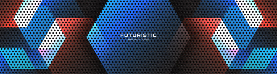 Wall Mural - blue orange abstract background overlap layer on dark space with glowing hexagons effect decoration.