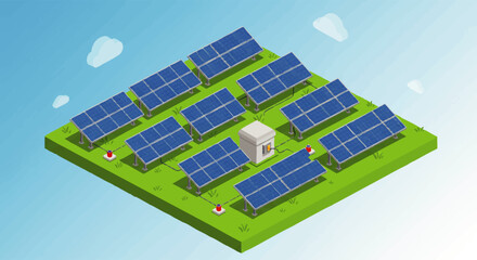 Isometric Solar Panel Array on Green Field with Control Building