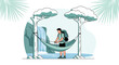© KHARISMA - Illustration of a man setting up a hammock near a waterfall for relaxation and enjoying the scenery of nature and travel