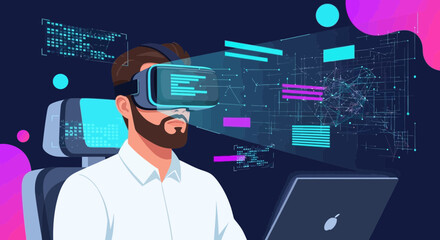 Illustration of a man wearing virtual reality headset with futuristic interface elements is display virtual reality technology