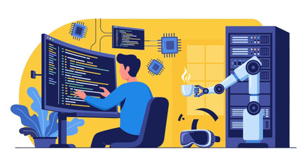 Illustration of a programmer working with AI, robots, and server technology in a modern office environment