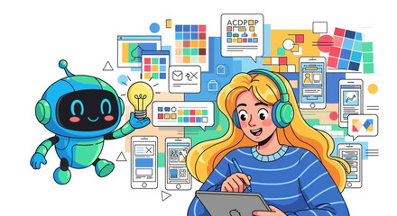 Illustration of a woman and a robot collaborating on a creative project with technology