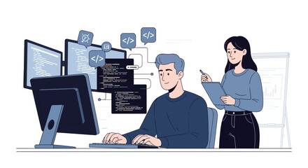 Illustration of software developer writing code with a colleague's assistance