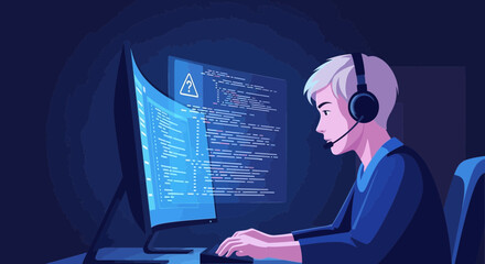 Illustrative depiction of a programmer working on code at night on a computer
