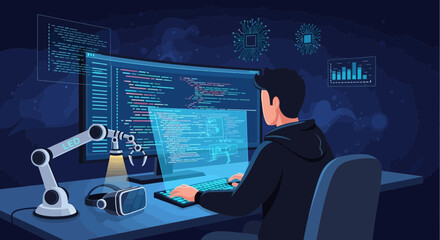 Illustrative depiction of a software developer working on a complex code project