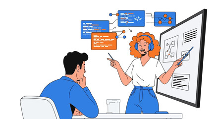 illustrative depiction of a woman explaining software development to a man with diagrams and code bl