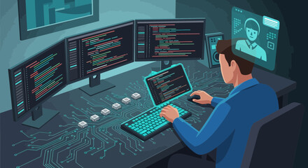Illustrative programmer working on multiple screens with code and video call displayed, concept of modern developer workspace and virtual communication