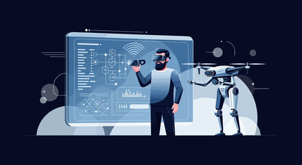 Illustrative Representation of a Person using VR with an Assisting Robot and Modern Technology Display