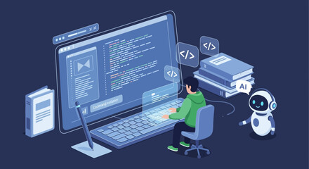 isometric illustration of a programmer coding with ai assistance for innovation and software develop